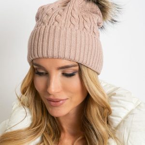 Dirty pink hat with rib and fur pompom