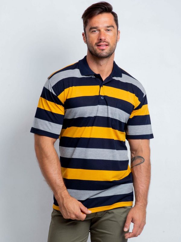 Navy Blue Yellow Men's Polo Shirt Plus Size Crowdy