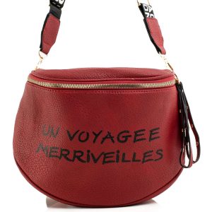 Dark red handbag with inscription