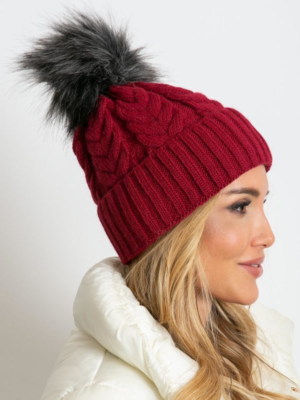 Burgundy insulated hat with pompom