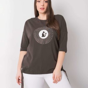 Dark Khaki Plus Size Blouse with Kitty Applique