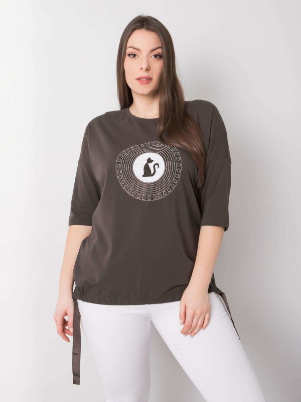 Dark Khaki Plus Size Blouse with Kitty Applique