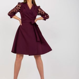 Burgundy flared cocktail dress with binding