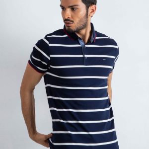 Navy Blue and White Men's Throwback Polo Shirt