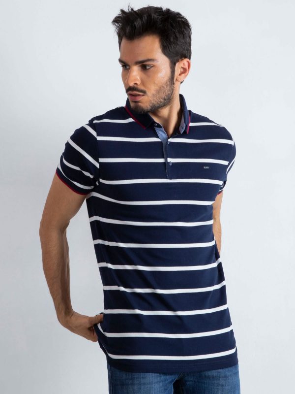 Navy Blue and White Men's Throwback Polo Shirt