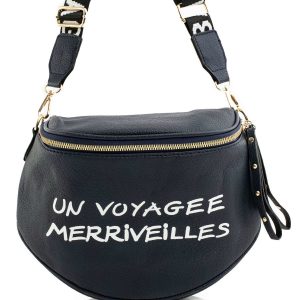 Navy blue handbag with inscription