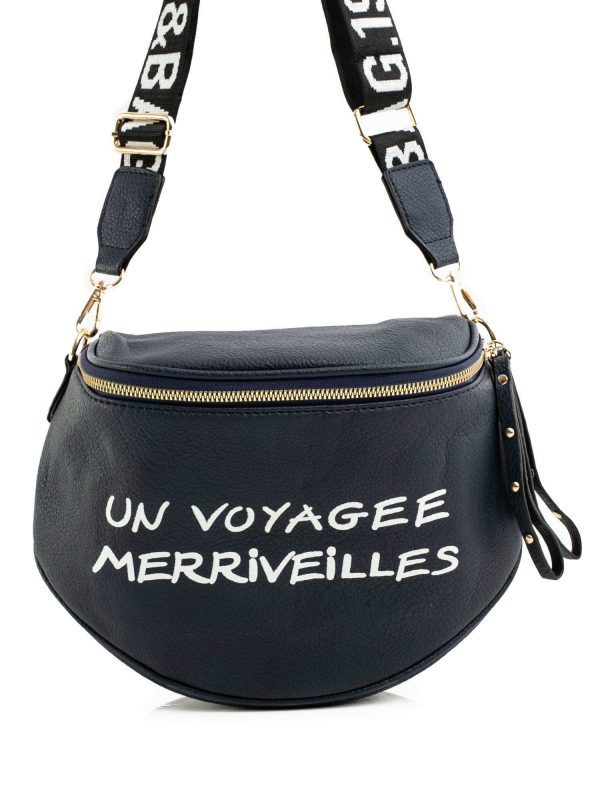 Navy blue handbag with inscription