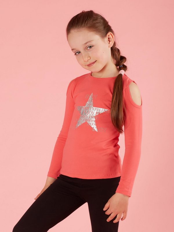 Coral blouse for a girl with rhinestones