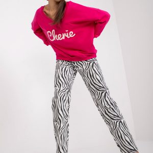 Fuchsia Loose Sweatshirt with Print and V-Neckline