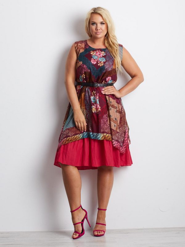 Burgundy Plus Size Patchwork Dress