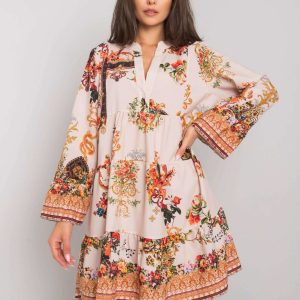 Everlee Beige Patterned Ruffle Dress