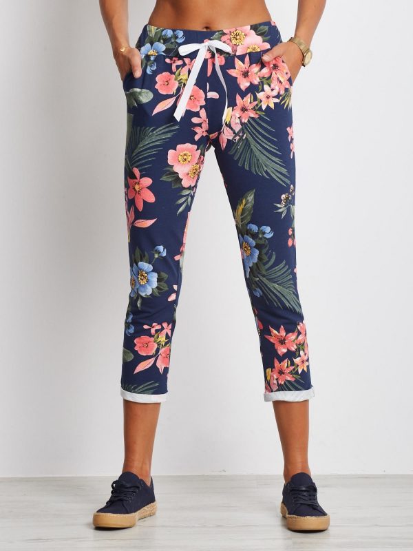 Navy & Coral Roses Trousers