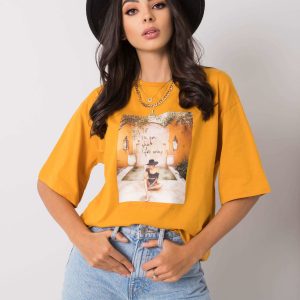 Mustard T-shirt for women with Morris print