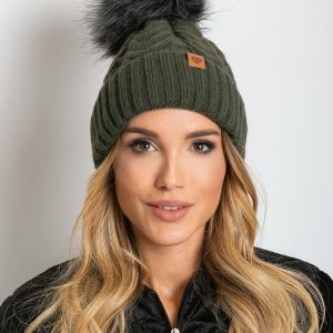 Khaki padded hat with pompom