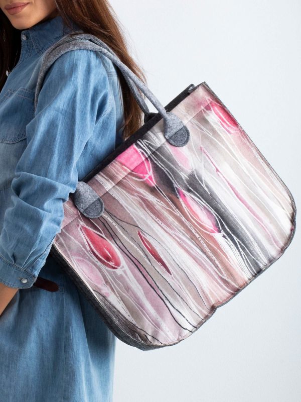 Grey Pink Printed Felt Bag