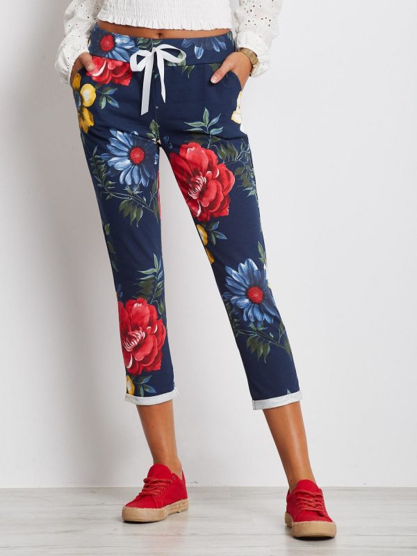 Navy blue and red Roses pants