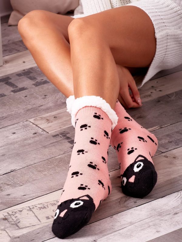 Pink socks for the winter with a cat motif