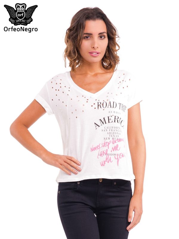 White t-shirt with punched neckline and print