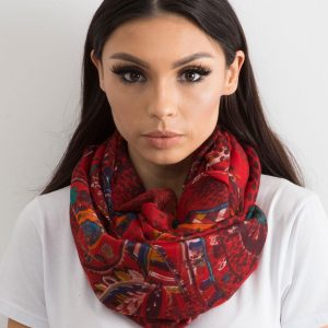 Dark red airy wrap with folk patterns