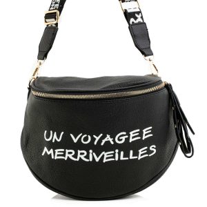 Black handbag with inscription