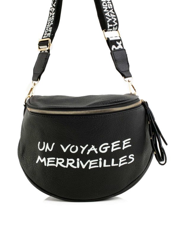 Black handbag with inscription