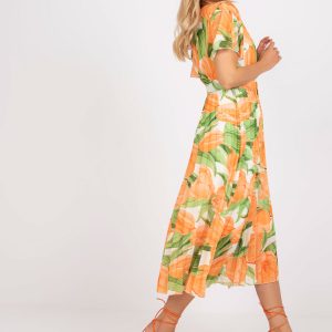 Orange-Green Pleated One Size Floral Dress