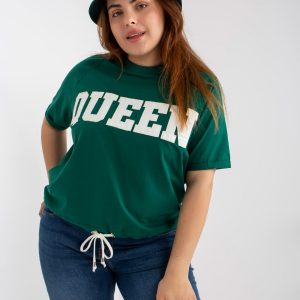 Dark Green Plus Size Cotton Blouse with Lettering