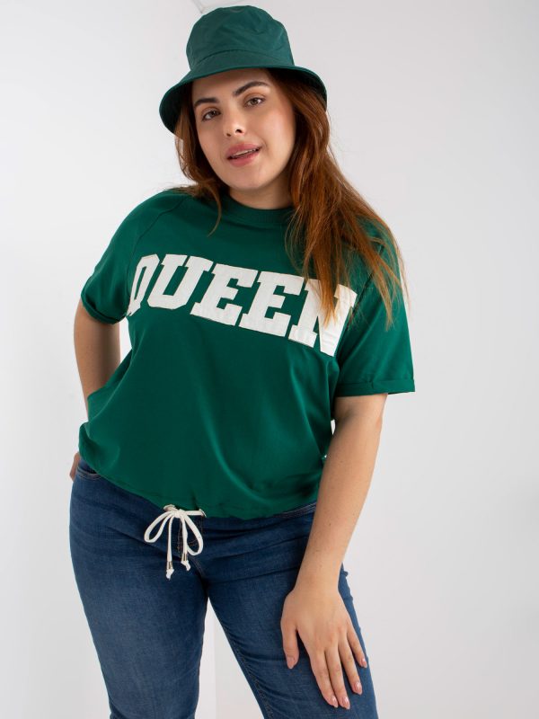 Dark Green Plus Size Cotton Blouse with Lettering