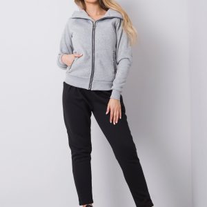 Grey melange casual tracksuit with high fastened hood