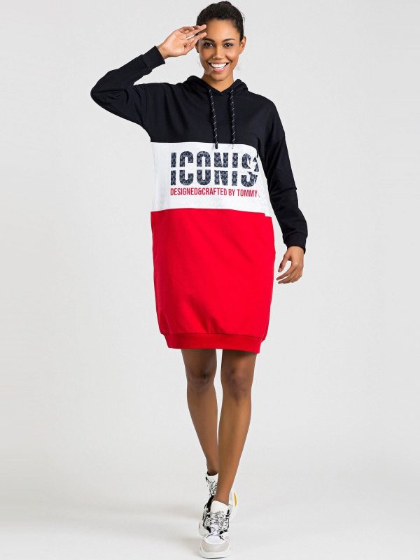 TOMMY LIFE Navy blue and red hooded dress