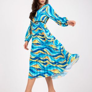 Blue and yellow midi dress with print and wrap neckline