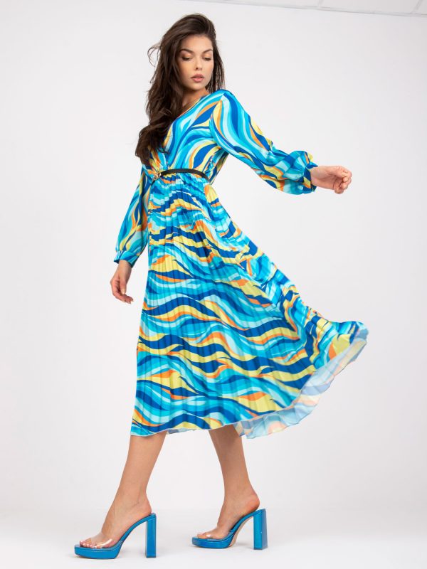 Blue and yellow midi dress with print and wrap neckline