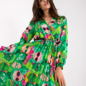 Green Pleated Midi Dress with Prints