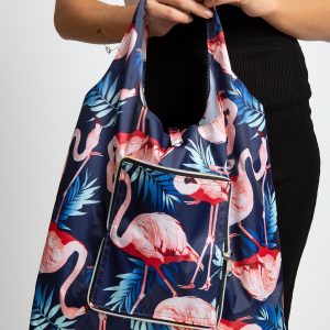 Navy blue folding bag in flamingos