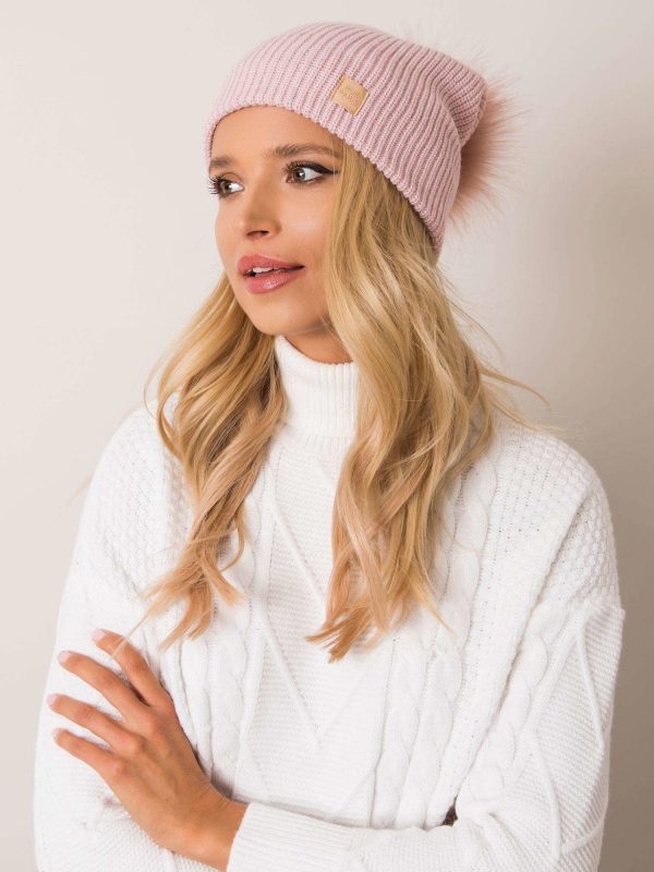 Pale pink beanie hat with pompom RUE PARIS