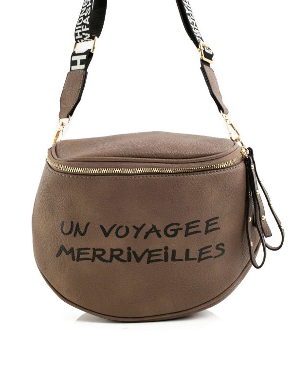 Dark beige handbag with inscription