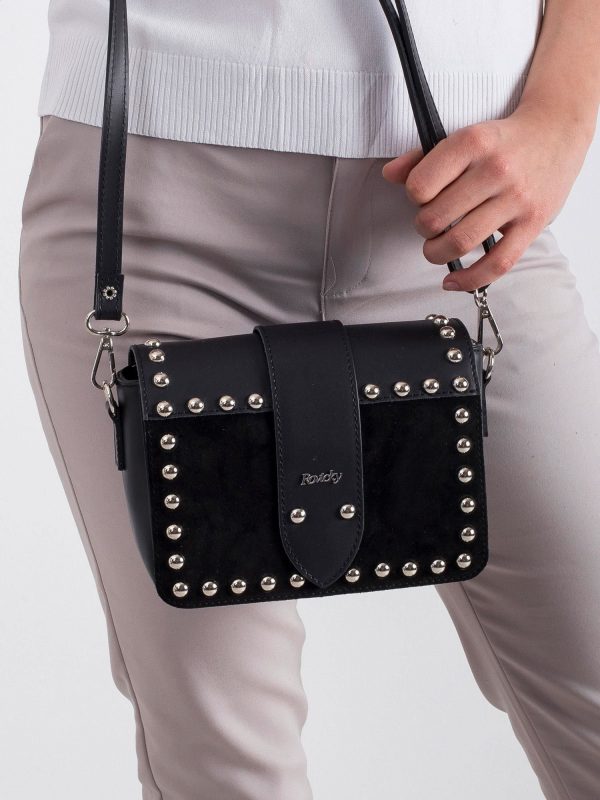 Black Leather Messenger Bag with studs