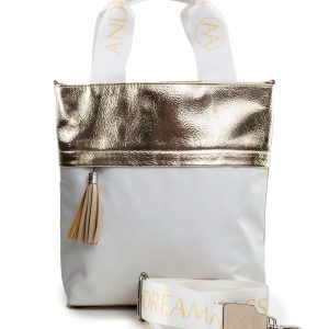 Beige and white bag with detachable strap