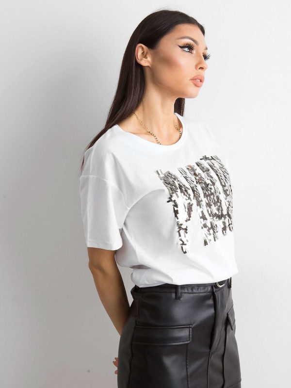 White shirt with sequin lettering