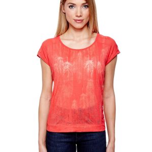 Coral t-shirt with transparent feather print