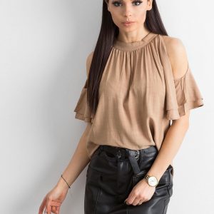 Beige blouse for women with cutouts on the shoulders