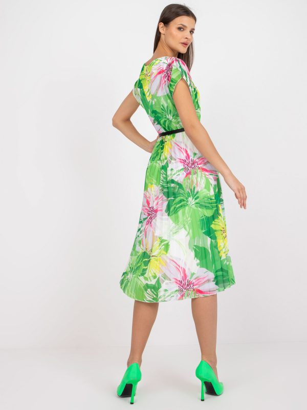 White and green pleated dress with prints and belt