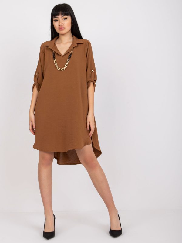 Brown Casual Loose Dress with Roll Up Sleeves