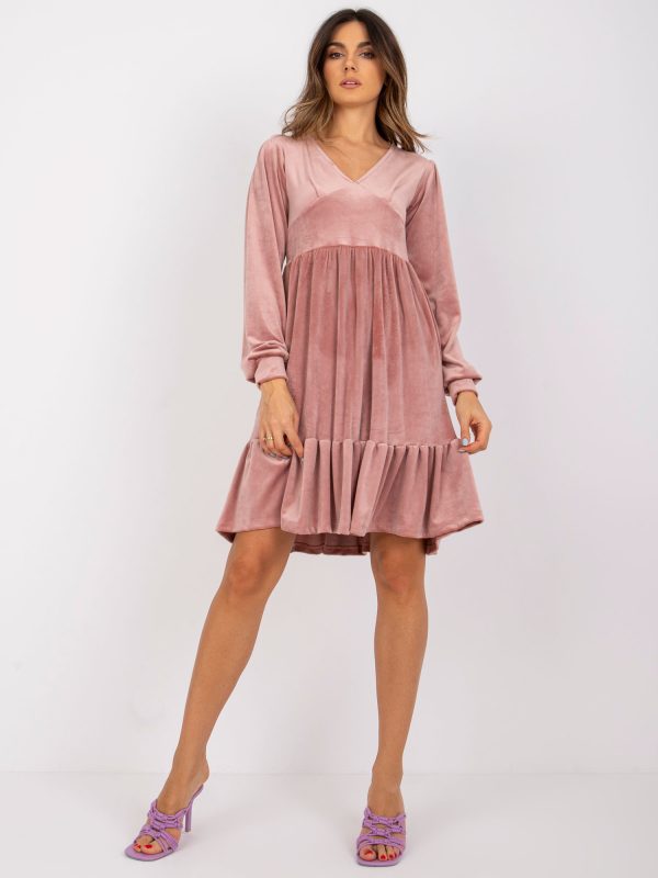 Pink velour dress with flounce Modena