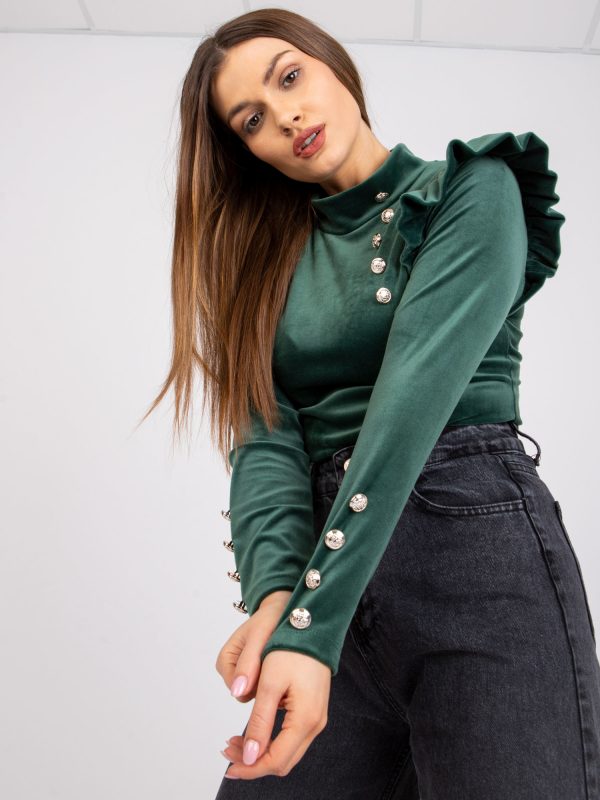 Dark green velor blouse with frills Capri