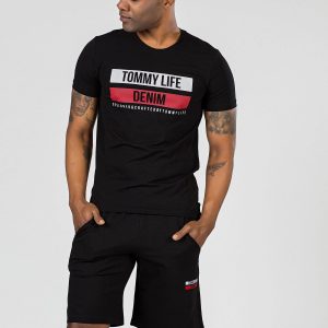 TOMMY LIFE Black men's t-shirt with print