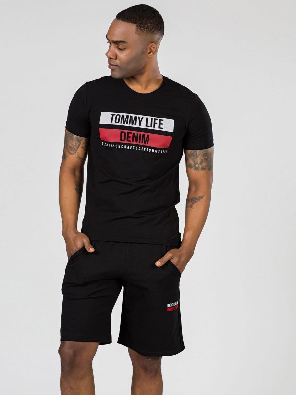 TOMMY LIFE Black men's t-shirt with print