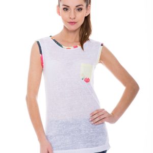 White t-shirt with colorful pocket and hem