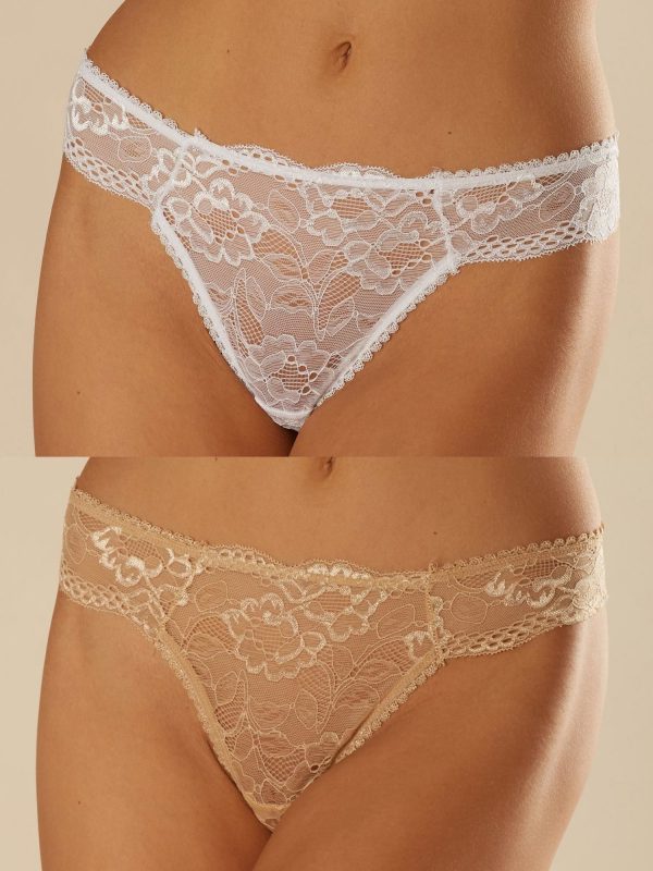 White and beige lace thong 2-pack