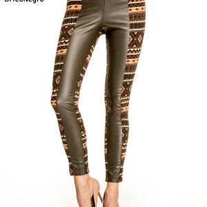 Khaki leather pants with modules in Aztec patterns